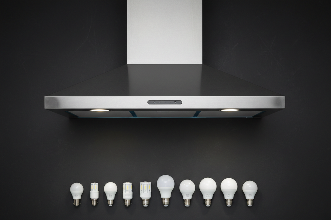Stainless steel range hood with various light bulb types arranged below it