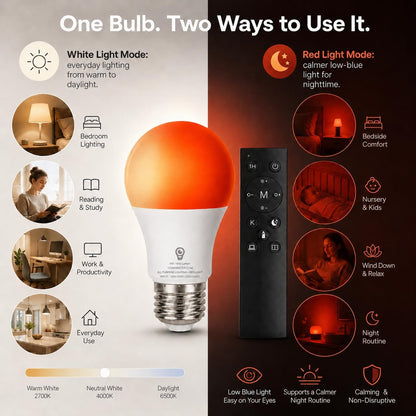 2-in-1 670nm Red & White LED Bulb – A19 E26 Dimmable Remote Light for Bedroom & Nursery