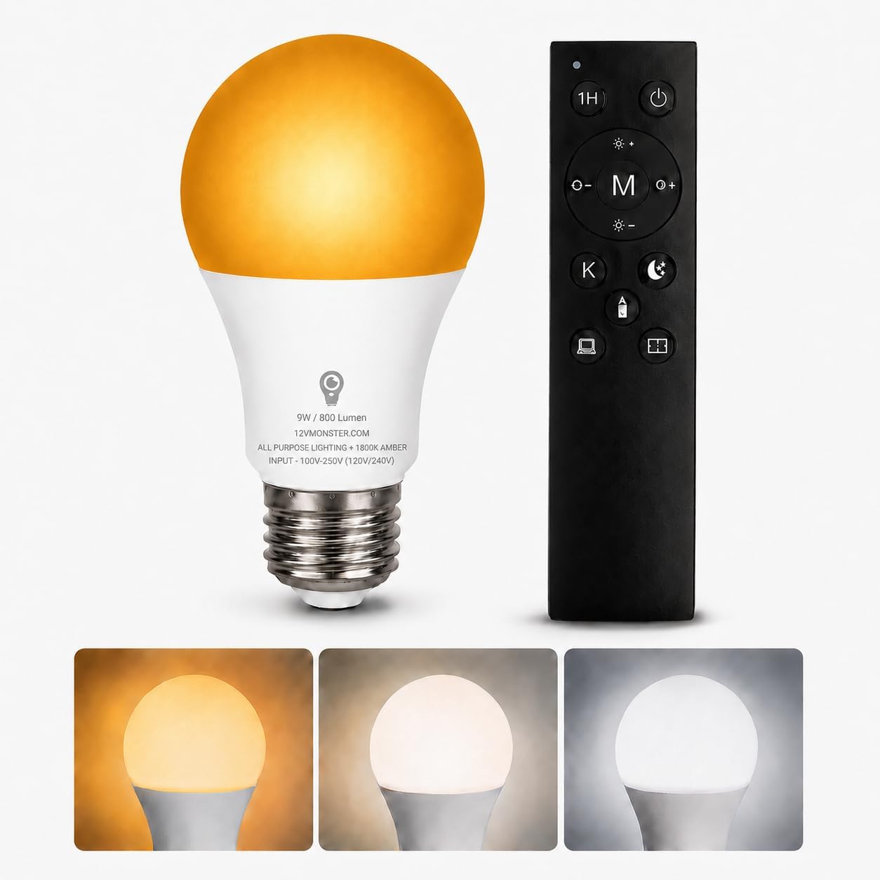 2-in-1 1800K Amber & Tunable White A19 LED Bulb with Remote – E26 Dimmable Night Light, 9W 800LM