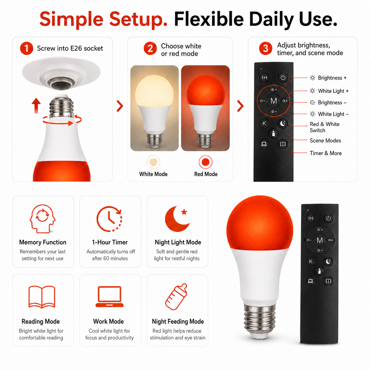Blue-light-free 670nm red mode for nursery and bedtime lighting