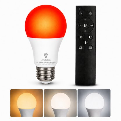12Vmonster 2-in-1 A19 E26 LED bulb with remote, showing red mode and three white color temperatures"