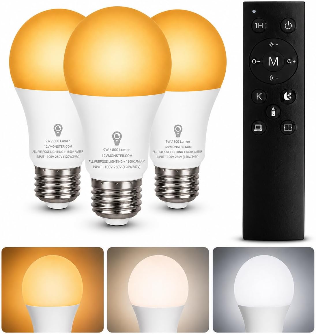 2-in-1 1800K Amber & Tunable White A19 LED Bulb with Remote – E26 Dimmable Night Light, 9W 800LM