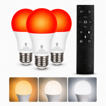 3-pack of 2-in-1 red and white LED bulbs with one shared remote control