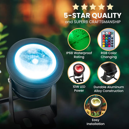 Color Changing RGB IP68 LED Outdoor Spot Light I DC 12 Volt 10 Watt 12" Wire