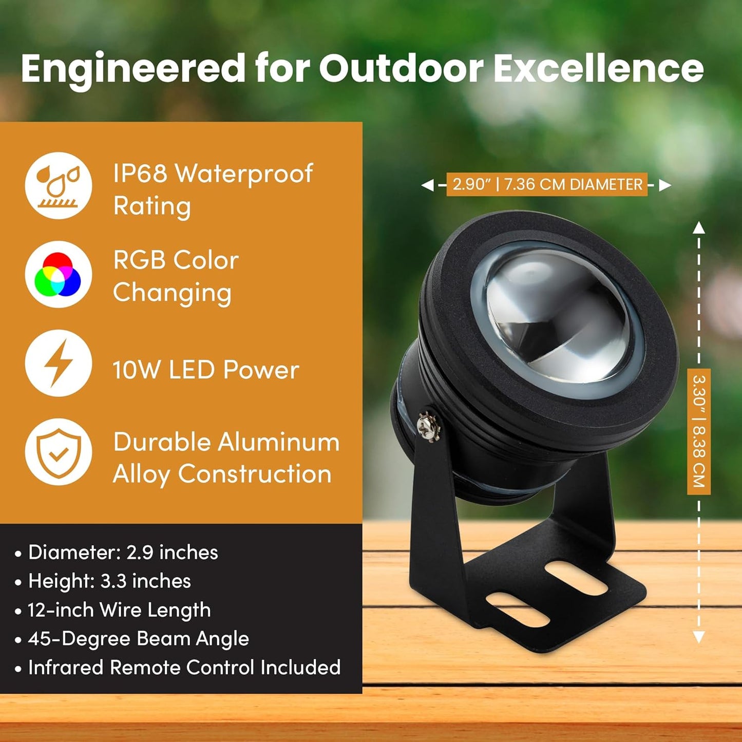 Color Changing RGB IP68 LED Outdoor Spot Light I DC 12 Volt 10 Watt 12" Wire