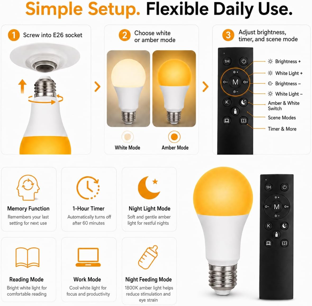 2-in-1 1800K Amber & Tunable White A19 LED Bulb with Remote – E26 Dimmable Night Light, 9W 800LM