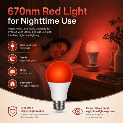 2-in-1 670nm Red & White LED Bulb – A19 E26 Dimmable Remote Light for Bedroom & Nursery