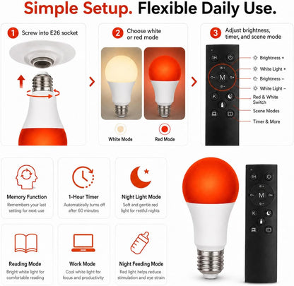 2-in-1 670nm Red & White LED Bulb – A19 E26 Dimmable Remote Light for Bedroom & Nursery