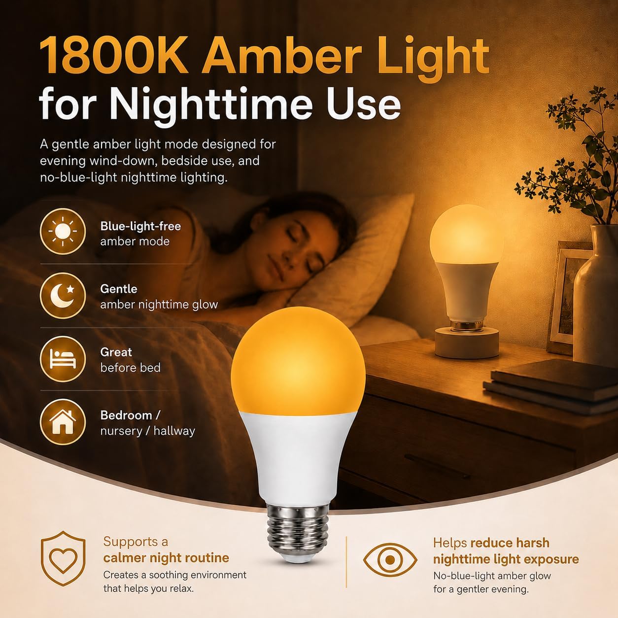 2-in-1 1800K Amber & Tunable White A19 LED Bulb with Remote – E26 Dimmable Night Light, 9W 800LM