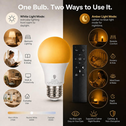 2-in-1 1800K Amber & Tunable White A19 LED Bulb with Remote – E26 Dimmable Night Light, 9W 800LM