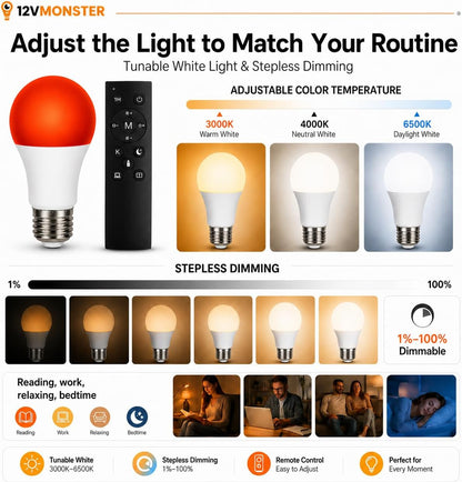 2-in-1 670nm Red & White LED Bulb – A19 E26 Dimmable Remote Light for Bedroom & Nursery