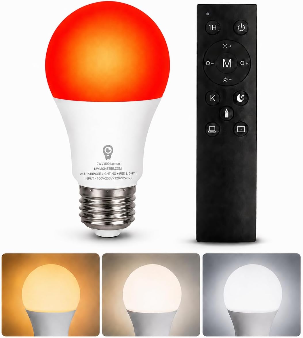 2-in-1 670nm Red & White LED Bulb – A19 E26 Dimmable Remote Light for Bedroom & Nursery