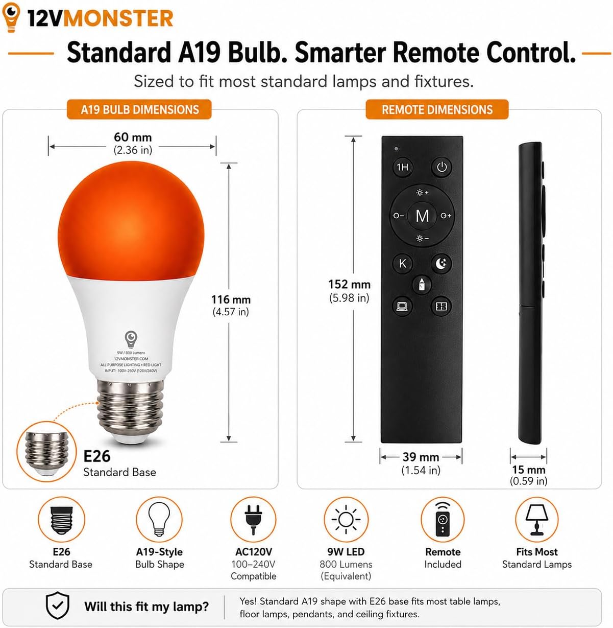 2-in-1 670nm Red & White LED Bulb – A19 E26 Dimmable Remote Light for Bedroom & Nursery