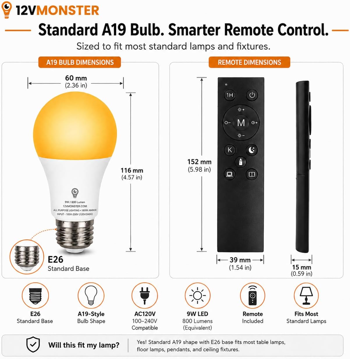 2-in-1 1800K Amber & Tunable White A19 LED Bulb with Remote – E26 Dimmable Night Light, 9W 800LM