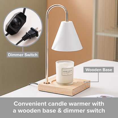 White Candle Holder with Light Wood Base | Candle Lamp with Dimmer Switch