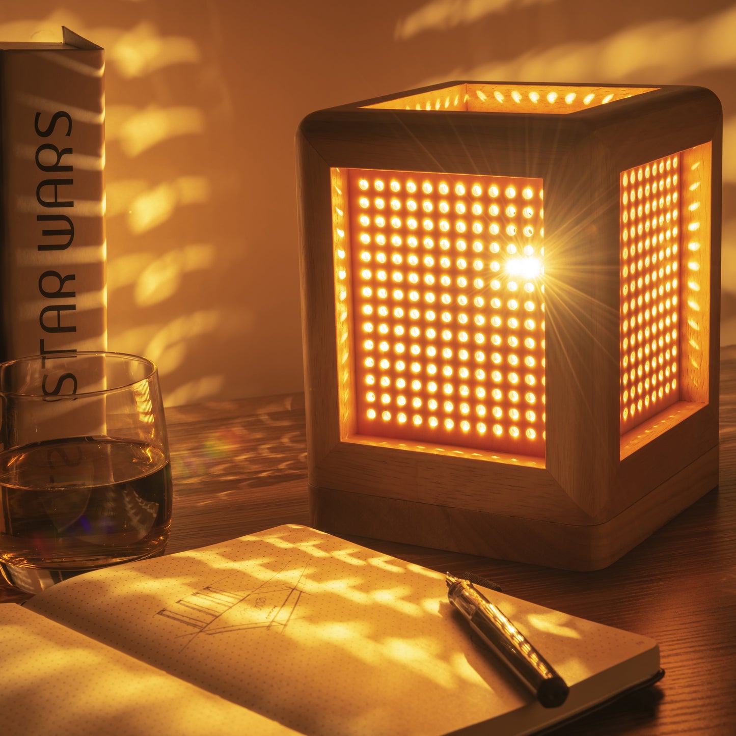 Wooden Cube Lamp Circular Perforated Netting Accent Table Spa Lamp