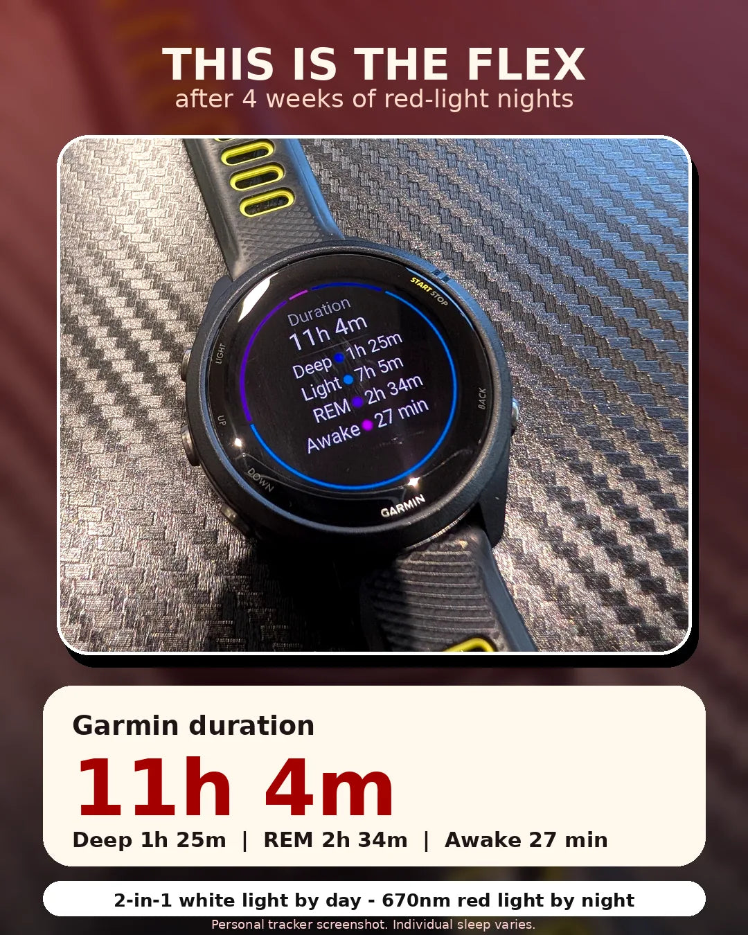 Personal Garmin sleep tracker screenshot from a red-light evening routine