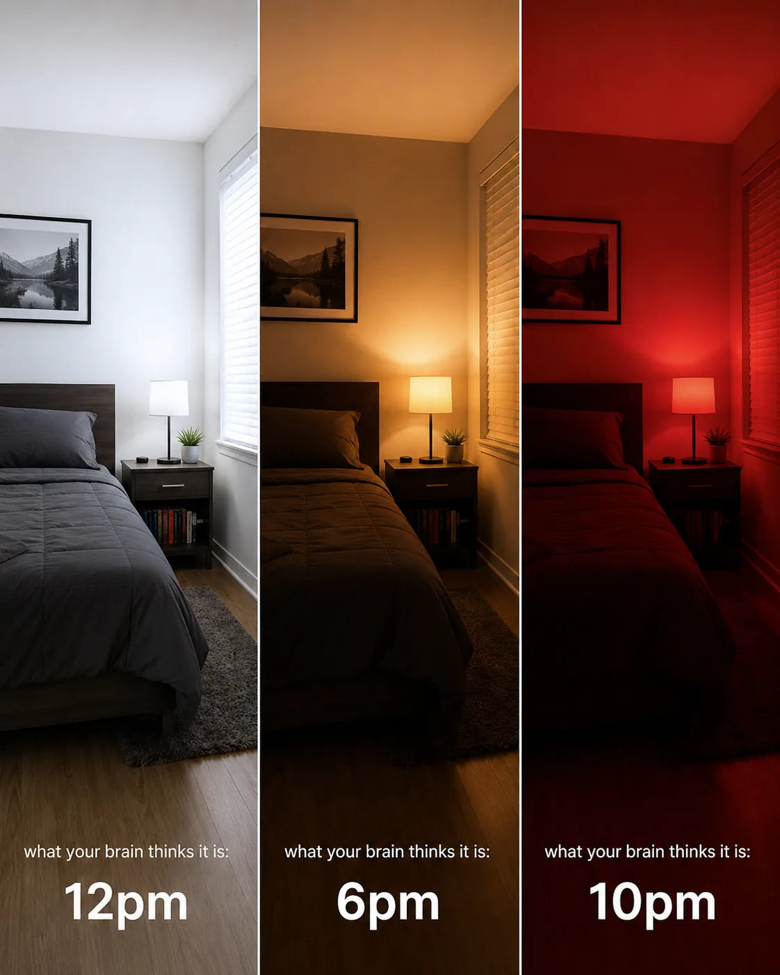 The same bedroom shown in bright white, warm white and red light